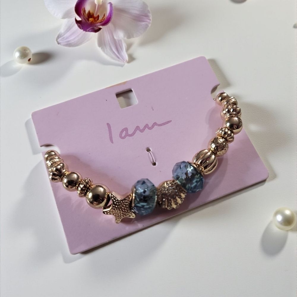I Am Seashell Gold and Blue Beaded Bracelet